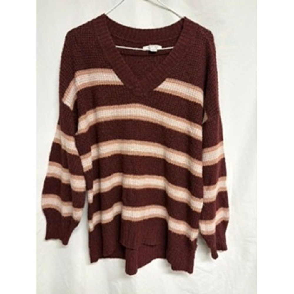 American Eagle Women Burgundy Striped Waffle Knit V-Neck Sweater Small